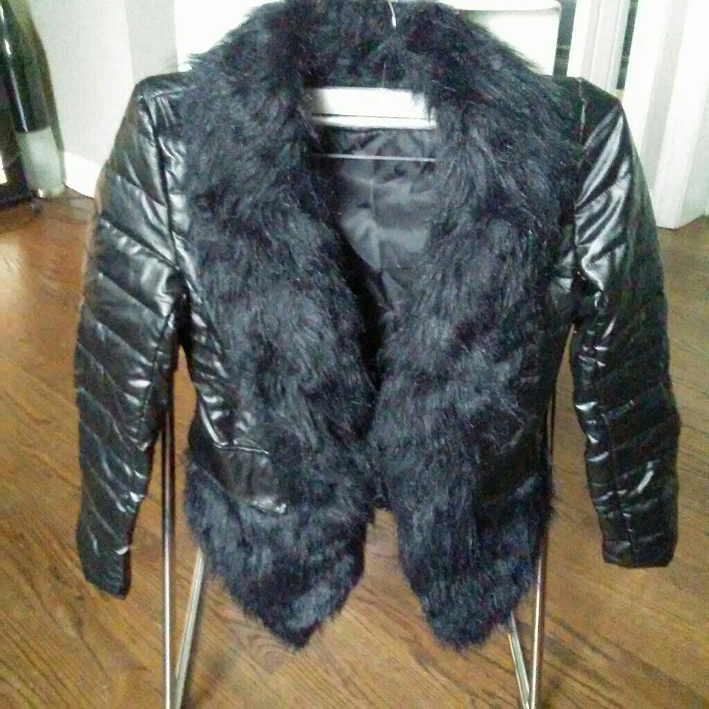 Black pleather and fake fur jacket